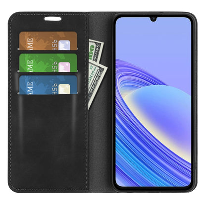 Black leather wallet phone case open, showing card slots and screen cutout.