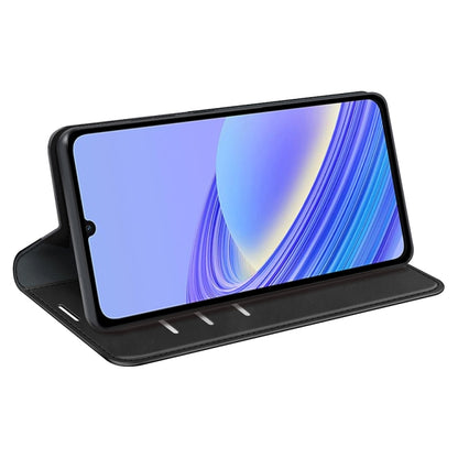 Black leather folio phone case with kickstand support for viewing.