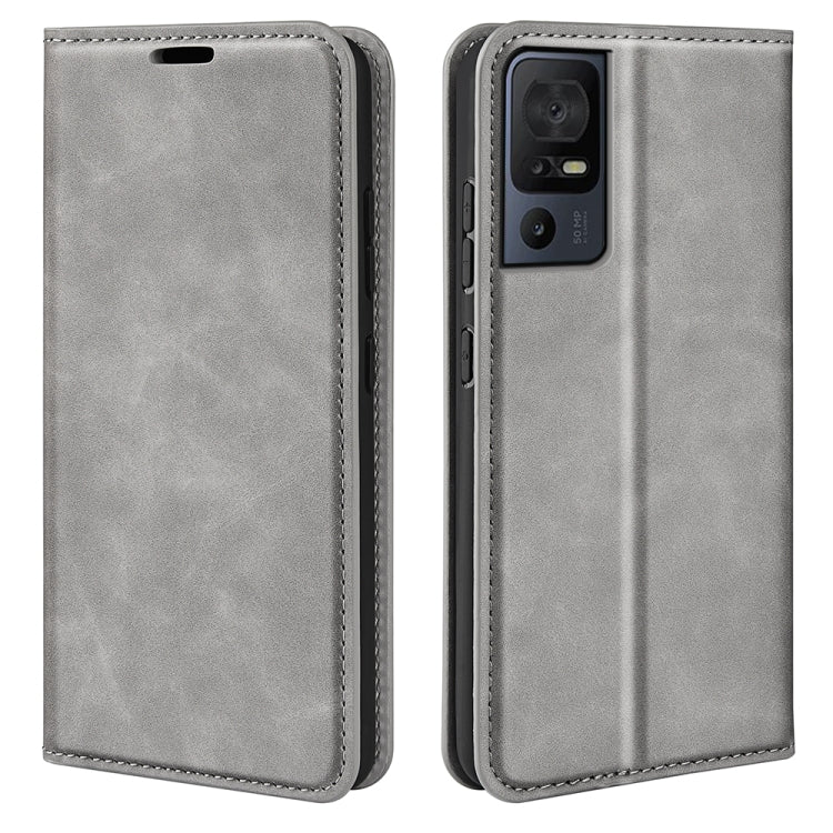 Grey leather wallet phone case with front flap and rear camera cutout.