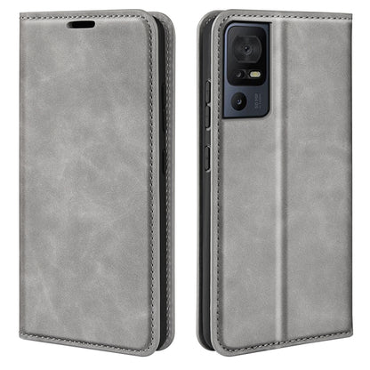 Grey leather wallet phone case with front flap and rear camera cutout.