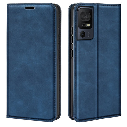 Dark blue leather wallet phone case with front flap and rear camera cutout.