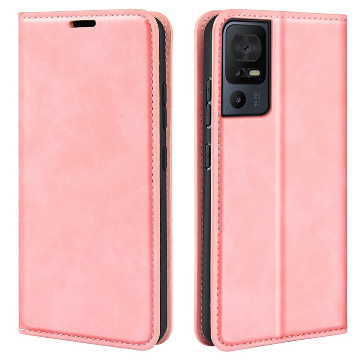 Pink leather wallet phone case with front flap and rear camera cutout.