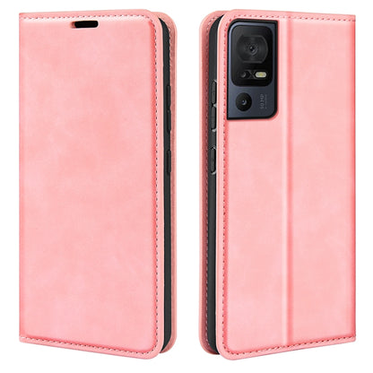 Pink leather wallet phone case with front flap and rear camera cutout.