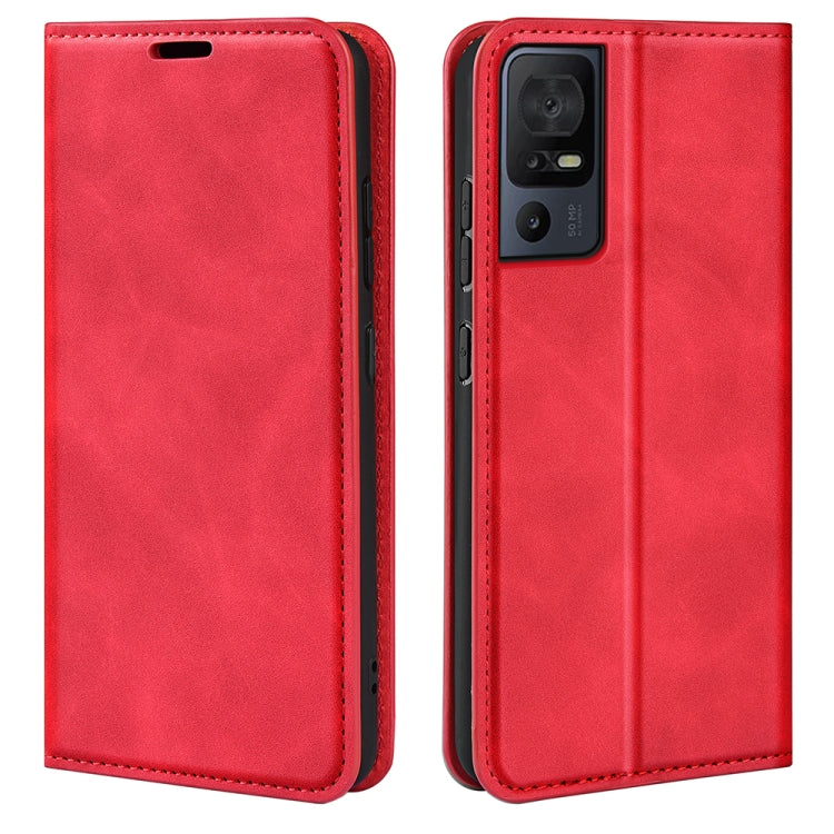 Red leather wallet phone case with front flap and rear camera cutout.
