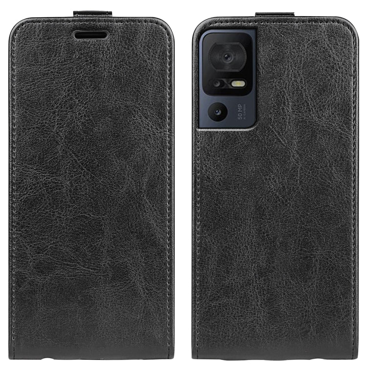 Black textured leather flip phone case with top handle and camera cutout