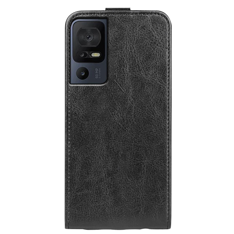 Black textured leather flip phone case with camera cutout on back