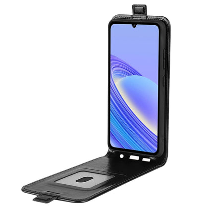 Black textured leather flip phone case with open stand and card slot