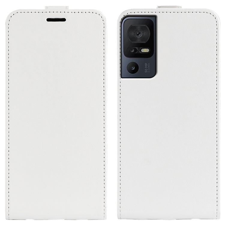 White textured leather flip phone case with camera cutout and stitched edges