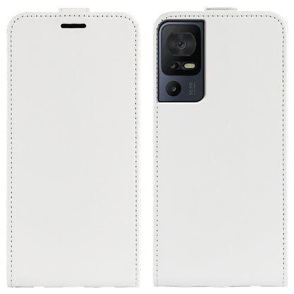 White textured leather flip phone case with camera cutout and stitched edges