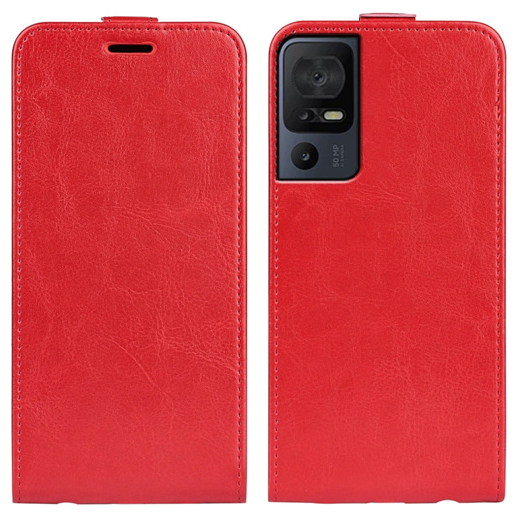 Red textured leather flip phone case with camera cutout and stitched trim