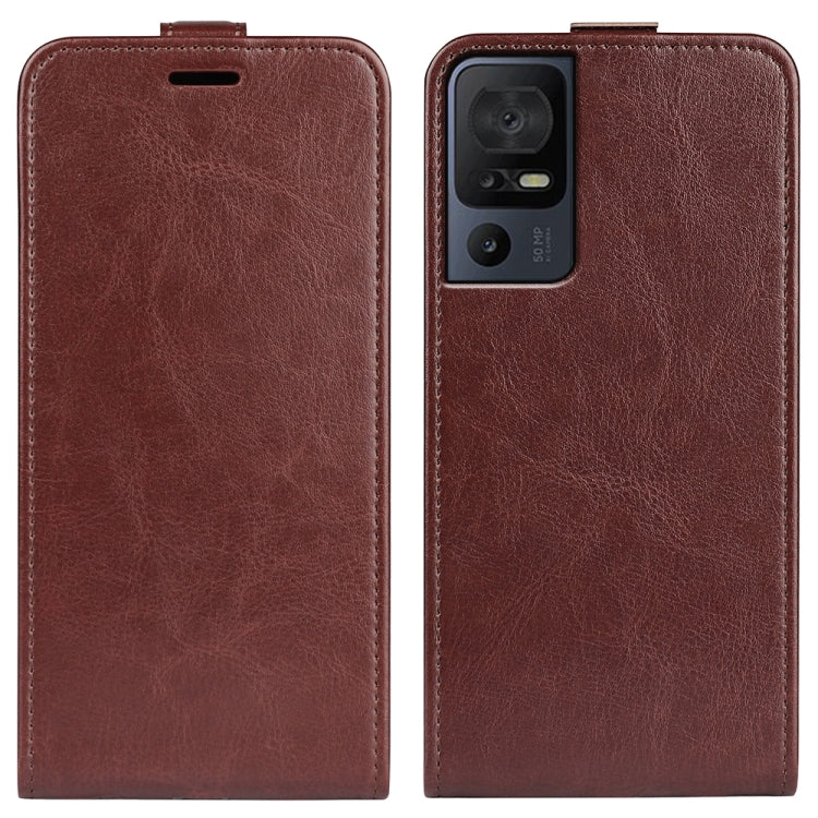 Brown textured leather flip phone case with camera cutout and top clasp