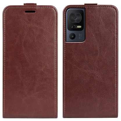 Brown textured leather flip phone case with camera cutout and top clasp