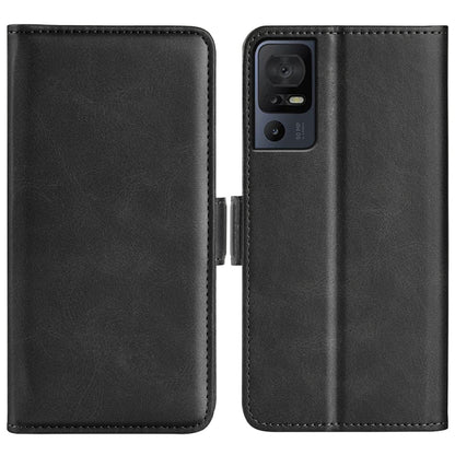 Black leather phone case with magnetic buckle, dual-fold design and camera cutout