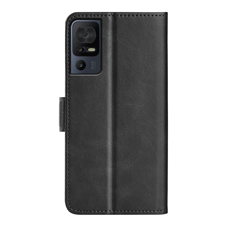 Black leather phone case with magnetic buckle and camera cutout on back panel