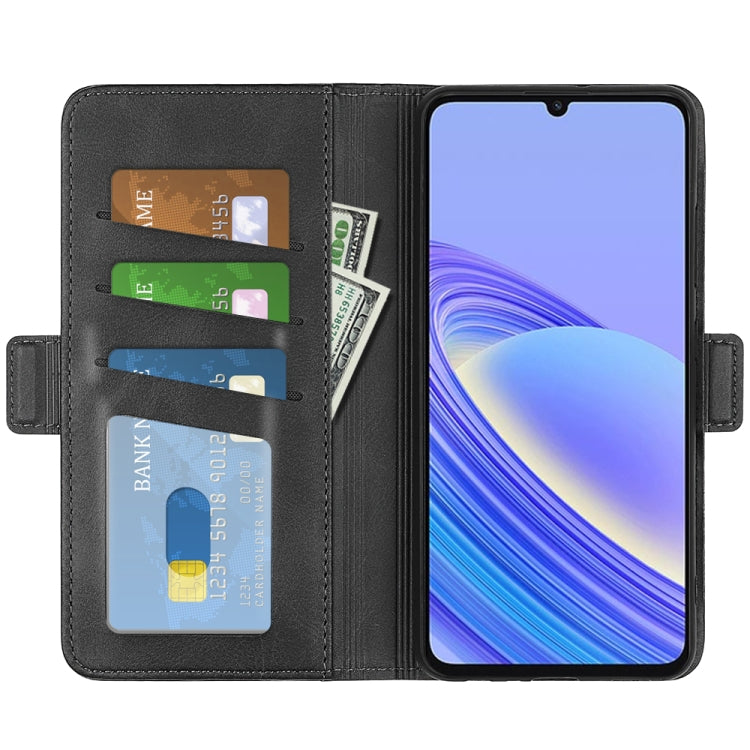Black leather phone case with magnetic buckle and card slots, phone screen visible