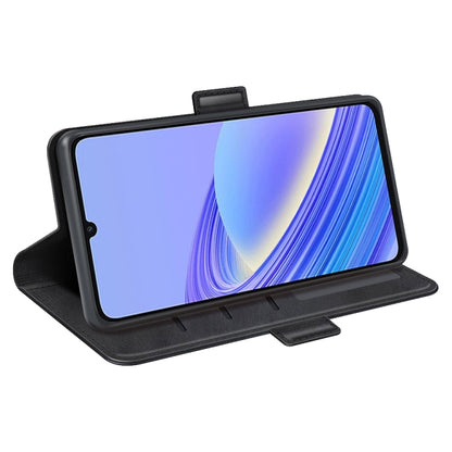 Black leather phone case with magnetic buckle, stand view with phone screen