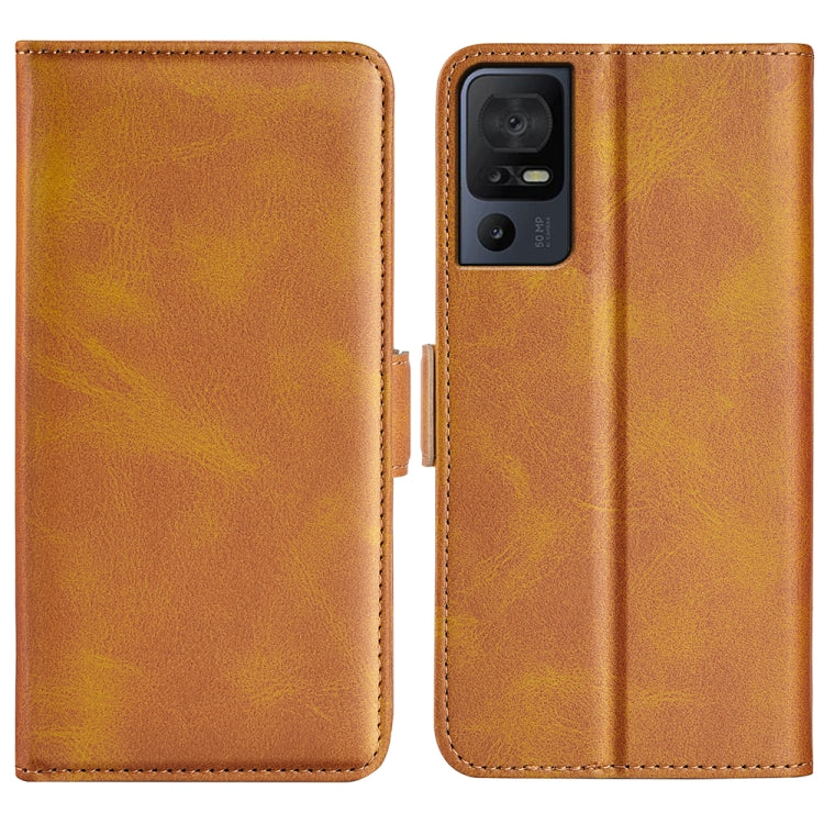 Tan leather phone case with magnetic buckle, dual-fold design and camera cutout