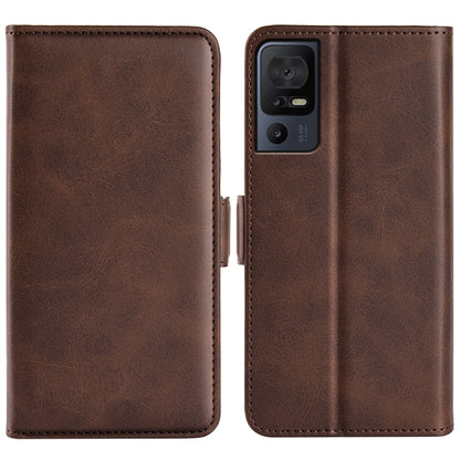 Brown leather phone case with magnetic buckle, dual-fold design and camera cutout