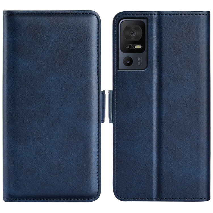 Dark blue leather phone case with magnetic buckle, dual-fold design and camera cutout