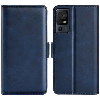Dark blue leather phone case with magnetic buckle, dual-fold design and camera cutout