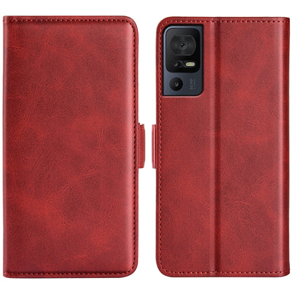 Red leather phone case with magnetic buckle, dual-fold design and camera cutout