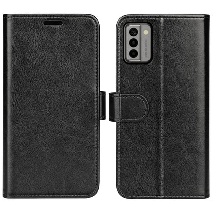 Black horizontal flip leather phone case with textured finish, camera cutout, and card pocket