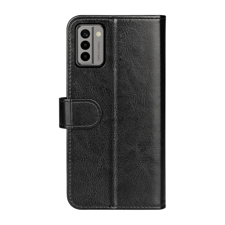 Black horizontal flip leather phone case with texture, camera cutout, and fold strap closure