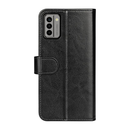 Black horizontal flip leather phone case with texture, camera cutout, and fold strap closure