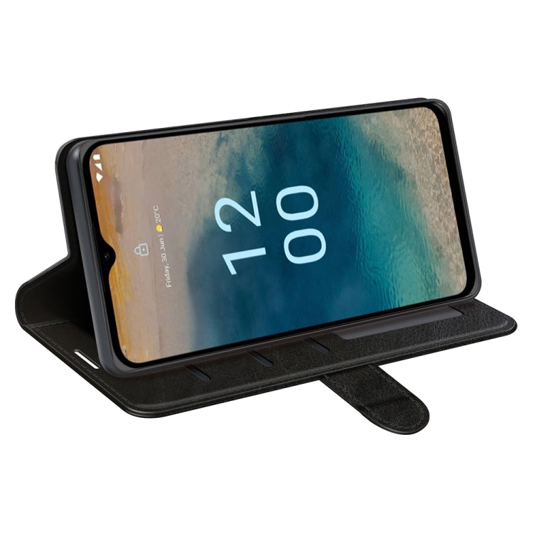 Black horizontal flip leather phone case with textured finish and stand support for viewing