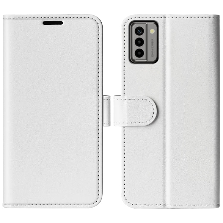 White horizontal flip leather phone case with textured finish and camera cutout