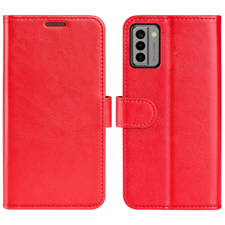 Red horizontal flip leather phone case with textured finish, camera cutout, and fold strap