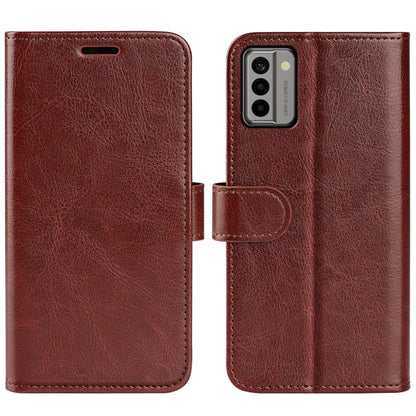 Brown horizontal flip leather phone case with textured finish, camera cutout, and fold strap