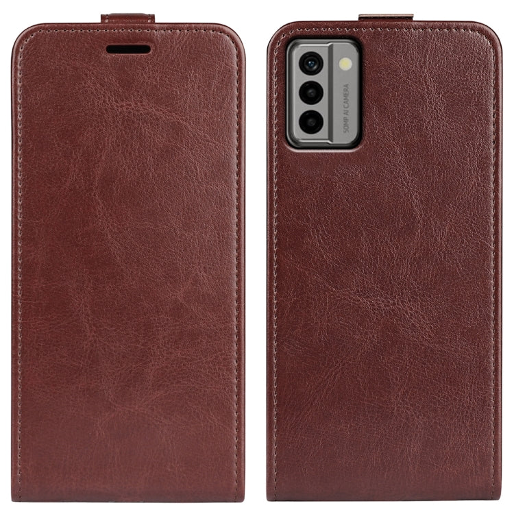 Brown textured vertical flip leather phone case for Nokia G22 with camera cutout