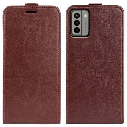 Brown textured vertical flip leather phone case for Nokia G22 with camera cutout