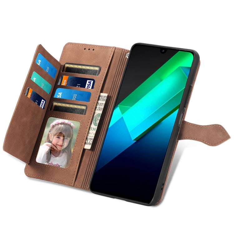 Brown embossed leather folio phone case with card slots and zipper pocket