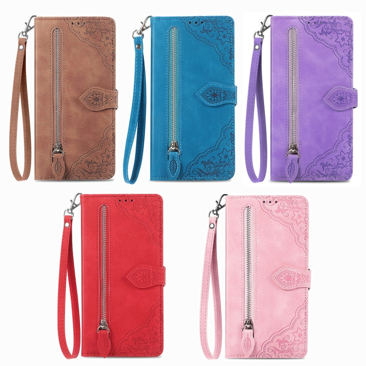 Embossed flower zipper leather phone case set with wrist strap and flip pocket