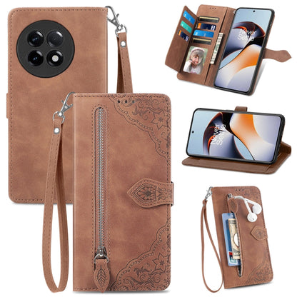 Brown embossed flower leather phone case with zipper compartment and card holder