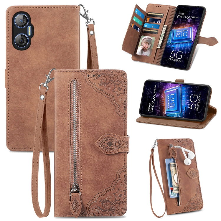 Brown embossed leather folio phone case with zipper pocket and wrist strap