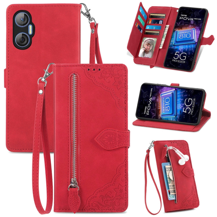 Red embossed floral leather-style phone case with front zipper, strap, and card slots