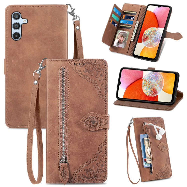 Brown embossed flower leather phone case with zipper compartment and card slots
