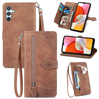 Brown embossed flower leather phone case with zipper compartment and card slots