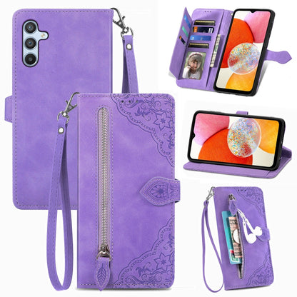 Purple embossed floral leather-style phone case with front zipper, strap, and card slots