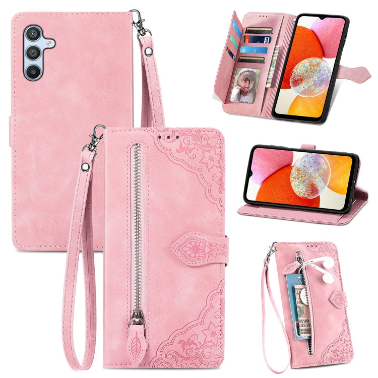 Rose pink embossed flower leather phone case with zipper and removable wrist strap