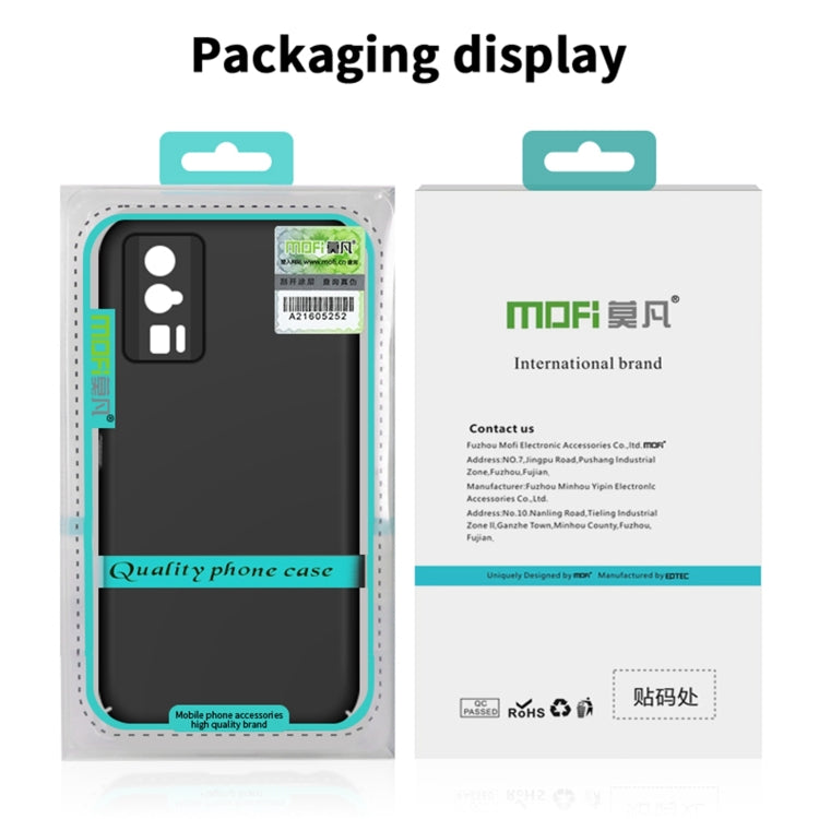MOFI phone case packaging display with front and back package graphics