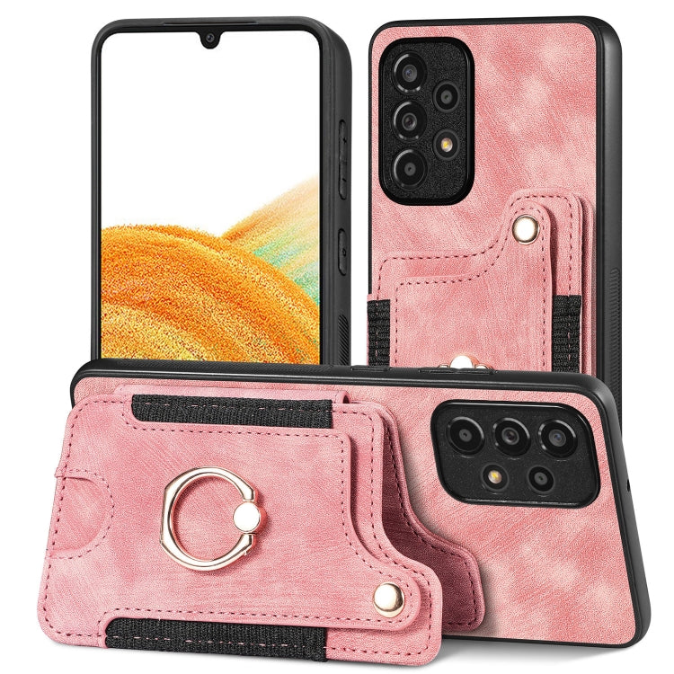 Pink retro-style wallet phone case with card slots and metal ring strap detail