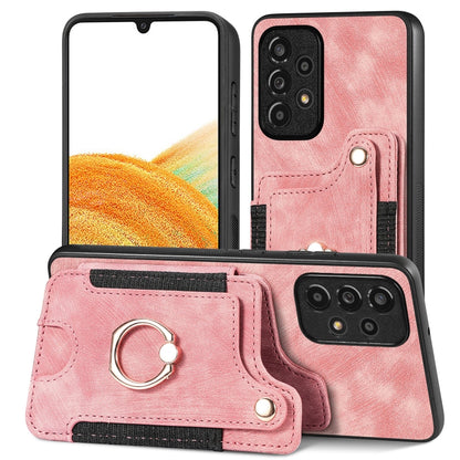 Pink retro-style wallet phone case with card slots and metal ring strap detail