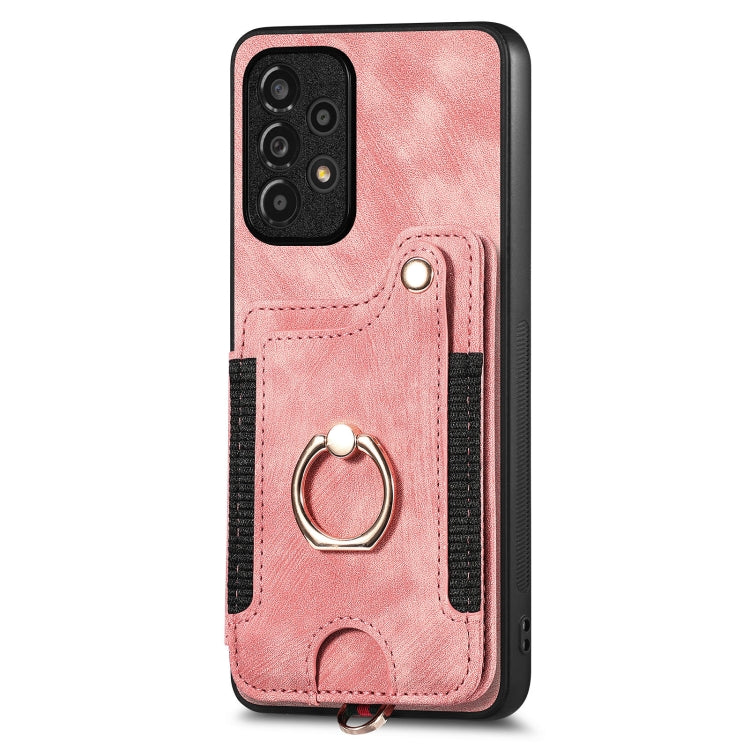 Pink retro wallet phone case with card holder and metal ring on back