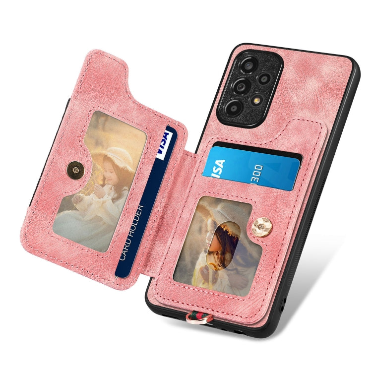 Pink wallet phone case with two card windows and open flip strap