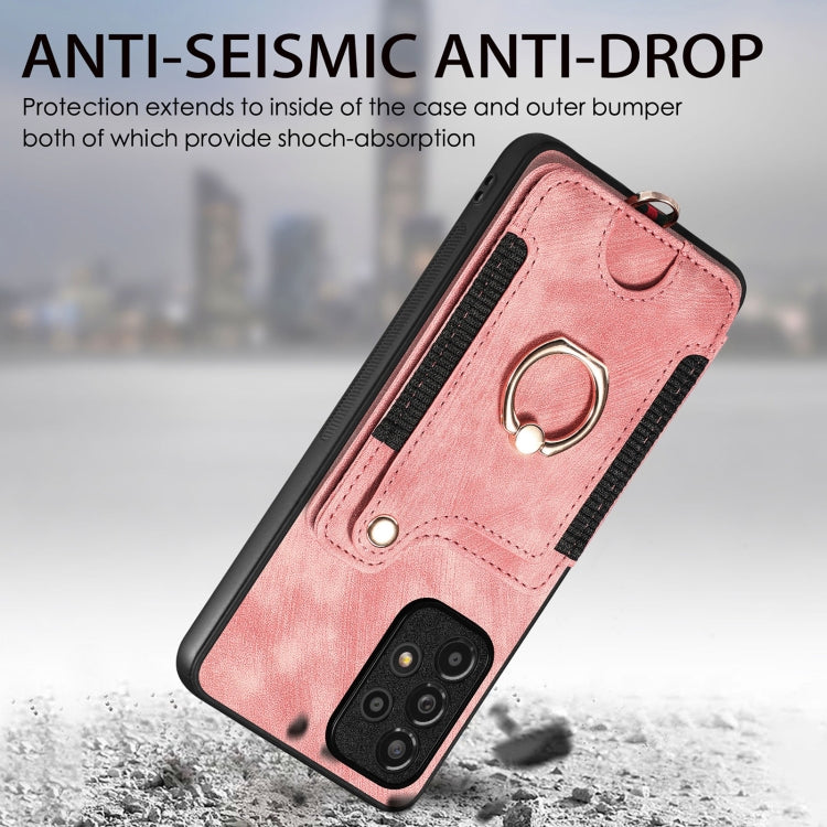 Pink anti-drop wallet phone case with metal ring and textured leather finish