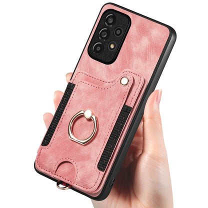 Pink wallet phone case with metal ring, card slot, and textured back